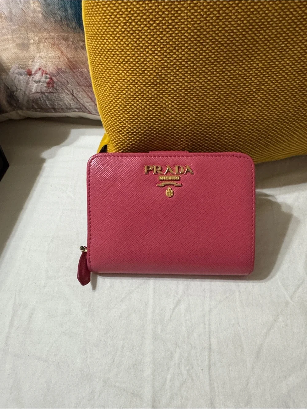 Prada Hot Pink Saffiano Zip-Around Wallet with Gold Logoreal color in video